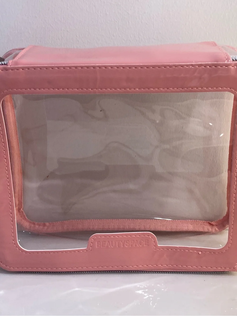 BEAUTYSPACE Clear Pink Travel Cosmetic Bag with Trim NWT
